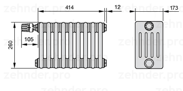 Схема (чертеж) Радиатор Zehnder Charleston 5026/9 №V012 Белый глянцевый RAL 9016